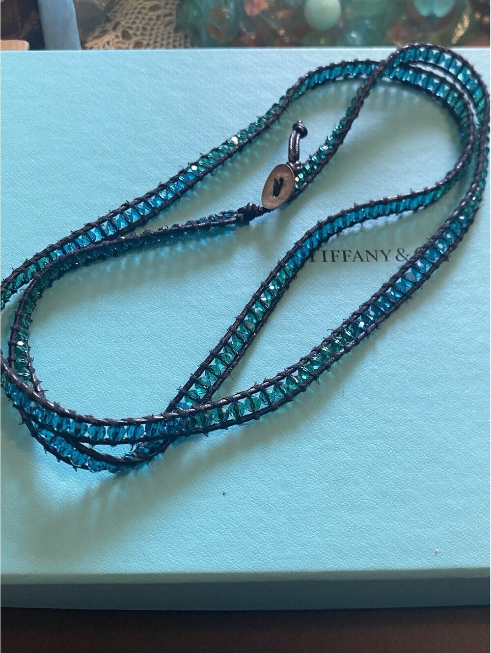Cord Blue Bead Necklace / Wrap Bracelet Vintage Blue Bead Turquoise Necklace